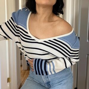 vtg St john sport striped baby blue black v neck sweater Large